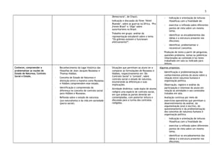 5
Democracia’, de Chauí).
◦ Indicação e discussão do filme ‘Hotel
Ruanda’, sobre as guerras na África. ‘Pra
frente Brasil’ e ‘Olga’ sobre
autoritarismo no Brasil.
◦ Trabalho em grupo: análise da
representação estudantil sobre o tema
“Os grêmios existem e funcionam
efetivamente?”.
◦ Indicação e orientação de leituras
filosóficas com a finalidade de:
◦ exercitar a reflexão sobre diferentes
pontos de vista sobre um mesmo
tema;
◦ identificar os encadeamentos das
ideias e a estrutura presente nos
discursos;
◦ identificar, problematizar e
reconstruir conceitos.
◦ Produção de texto a partir de perguntas,
questões-problema, temas ou polêmicas
relacionados ao conteúdo e/ou texto
trabalhado em sala ou indicado para
leitura.
Conhecer, compreender e
problematizar as noções de
Estado de Natureza, Contrato
Social e Estado.
◦ Reconhecimento do lugar histórico das
filosofias de Jean-Jacques Rousseau e
Thomas Hobbes.
◦ Conceito de Estado de Natureza e
distinção entre a maneira como Rousseau
e Hobbes compreendem esse estado.
◦ Identificação e compreensão da
diferença no conceito de contrato social
para Hobbes e Rousseau.
◦ Reflexão sobre o estado de natureza
(jus-naturalismo) e da vida em sociedade
(pacto social).
◦ Situações que permitam ao aluno ler e
comparar as formulações de Rousseau e
Hobbes, respectivamente em ‘Do
Contrato Social’ e ‘Leviatã’, sobre
contrato social e estado de natureza,
enumerando as diferenças e suas
implicações.
◦ Atividade dinâmica: cada dupla de alunos
redigirá uma espécie de contrato social,
em que ambas as partes deverão ser
contempladas, com posterior leitura e
discussão para a turma dos contratos
redigidos.
Algumas propostas:
◦ Identificação e problematização dos
conhecimentos prévios do aluno sobre a
relação entre natureza humana e
organização política.
◦ Observação, registro e análise da
participação e interesse do aluno em
relação às atividades e aos conteúdos
tratados em sala.
◦ Avaliação contínua por meio de
exercícios operatórios que permitam o
desenvolvimento da análise, da
argumentação (oral e escrita), do
questionamento e da problematização
dos conceitos de natureza humana e
organização política.
◦ Indicação e orientação de leituras
filosóficas com a finalidade de:
◦ exercitar a reflexão sobre diferentes
pontos de vista sobre um mesmo
tema;
◦ identificar os encadeamentos das
ideias e a estrutura presente nos
discursos;
 