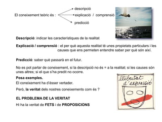 El coneixement teòric és :
descripció
explicació / comprensió
predicció
Descripció: indicar les característiques de la realitat
Explicació / comprensió : el per què aquesta realitat té unes propietats particulars i les
causes que ens permeten entendre saber per què són així.
Predicció: saber què passarà en el futur.
No es pot parlar de coneixement, si la descripció no és = a la realitat; si les causes són
unes altres; si el que s’ha predit no ocorre.
Posa exemples.
El coneixement ha d’ésser vertader.
Però, la veritat dels nostres coneixements com és ?
EL PROBLEMA DE LA VERITAT
Hi ha la veritat de FETS i de PROPOSICIONS
 