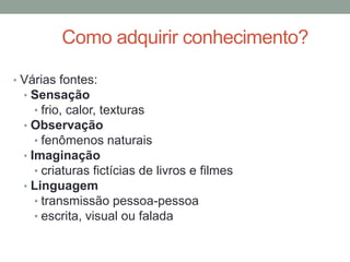 Como adquirir conhecimento?
• Várias fontes:
• Sensação
• frio, calor, texturas
• Observação
• fenômenos naturais
• Imaginação
• criaturas fictícias de livros e filmes
• Linguagem
• transmissão pessoa-pessoa
• escrita, visual ou falada
 