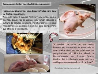 Exemplos de testes que são feitos em animais:
• Novos medicamentos são desenvolvidos com base
de testes em animais.
Antes de tudo, é preciso "infetar" um roedor com a
doença, depois faz-se crescer um tumor, idêntico à
cultura de células estudada em laboratório e o novo
medicamento é aplicado no animal para comprovar a
sua eficácia e toxicidade.
“A melhor recriação de um orelha
humana em laboratório foi anunciada na
quarta-feira num estudo publicado por
pesquisadores do Hospital Geral de
Massachussets, em Boston, Estados
Unidos. Foi implantada num rato e a
cartilagem cresceu no dorso do animal.”
(Retirado de: http://zh.clicrbs.com.br)
 