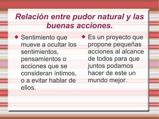 Relación entre pudor natural y las
buenas acciones.
 Sentimiento que
mueve a ocultar los
sentimientos,
pensamientos o
acciones que se
consideran íntimos,
o a evitar hablar de
ellos.
 Es un proyecto que
propone pequeñas
acciones al alcance
de todos para que
juntos podamos
hacer de este un
mundo mejor.
 