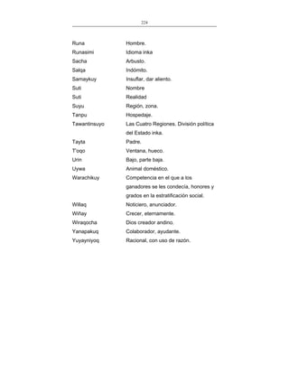 224
___________________________________________________

Runa

Hombre.

Runasimi

Idioma inka

Sacha

Arbusto.

Salqa

Indómito.

Samaykuy

Insuflar, dar aliento.

Suti

Nombre

Suti

Realidad

Suyu

Región, zona.

Tanpu

Hospedaje.

Tawantinsuyo

Las Cuatro Regiones. División política
del Estado inka.

Tayta

Padre.

T'oqo

Ventana, hueco.

Urin

Bajo, parte baja.

Uywa

Animal doméstico.

Warachikuy

Competencia en el que a los
ganadores se les condecía, honores y
grados en la estratificación social.

Willaq

Noticiero, anunciador.

Wiñay

Crecer, eternamente.

Wiraqocha

Dios creador andino.

Yanapakuq

Colaborador, ayudante.

Yuyayniyoq

Racional, con uso de razón.

 