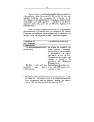 56
___________________________________________________

Como sugieren los autores cuyos textos comentaremos
más adelante, esta, la concepción del mundo, ha sido una
realidad histórica; sin embargo, la tendencia a la
universalización del conocimiento y la cultura, generalmente
sustentada en el poder político y económico, ha querido
imponerse como algo único en las diferentes épocas de la
historia humana.
Para una mejor comprensión del asunto seguidamente
presentaremos un paralelo entre la concepción del mundo
traído por los españoles en el momento de la conquista y la
concepción de los indígenas andinos61 de la misma época:
Concepción de
Concepción de los andinos.
conquistadores
En lo religioso:
Se admite la existencia de Se admite la existencia de
un solo Dios.
dioses mayores y menores.
Se reconoce como supremos
a: Mamapacha (la madre
naturaleza), al Inti (el Sol),
Pachakamaq (el creador del
espacio, el tiempo y la
naturaleza) y/o Wiraqocha
(Dios supremo).
El bien y del mal son Solamente existe el bien o lo
principios
que
tienen bueno ( allin). No existe como
existencia real.
ente real lo malo.

61

Dilucidamos anteriormente el tema de la Concepción del Mundo
en Teqse: La Cosmovisión Andina y las Categorías Quechuas
como fundamentos para una Filosofía Peruana y de América
Andina. 1999 y en La cosmovisión Prehispánica, 1997.

 
