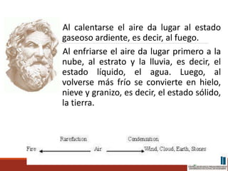 Al calentarse el aire da lugar al estado
gaseoso ardiente, es decir, al fuego.
Al enfriarse el aire da lugar primero a la
nube, al estrato y la lluvia, es decir, el
estado líquido, el agua. Luego, al
volverse más frío se convierte en hielo,
nieve y granizo, es decir, el estado sólido,
la tierra.
 