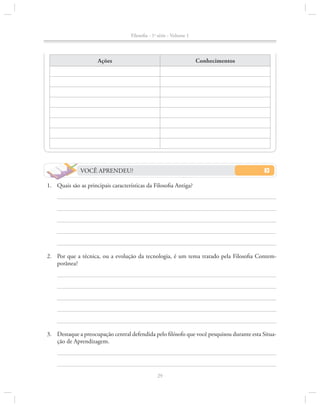 Filosofia - 1a série - Volume 1

Ações

Conhecimentos

VOCÊ APRENDEU?
1. 		 Quais são as principais características da Filosofia Antiga?

2.		 Por que a técnica, ou a evolução da tecnologia, é um tema tratado pela Filosofia Contemporânea?

3.		 Destaque a preocupação central defendida pelo filósofo que você pesquisou durante esta Situa­
ção de Aprendizagem.

29

 
