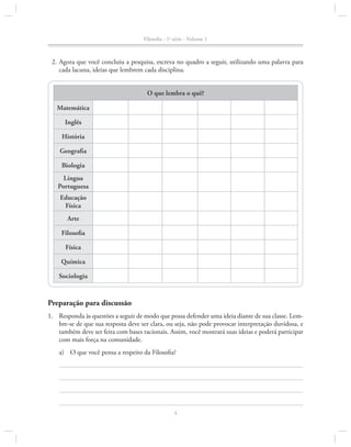 Filosofia - 1a série - Volume 1

	 2.	Agora que você concluiu a pesquisa, escreva no quadro a seguir, utilizando uma palavra para
cada lacuna, ideias que lembrem cada disciplina.
O que lembra o quê?
Matemática
Inglês
História
Geografia
Biologia
Língua
Portuguesa
Educação
Física
Arte
Filosofia
Física
Química
Sociologia

Preparação para discussão
1.		Responda às questões a seguir de modo que possa defender uma ideia diante de sua classe. Lembre-se de que sua resposta deve ser clara, ou seja, não pode provocar interpretação duvidosa, e
também deve ser feita com bases racionais. Assim, você mostrará suas ideias e poderá participar
com mais força na comunidade.
a)	 O que você pensa a respeito da Filosofia?

4

 