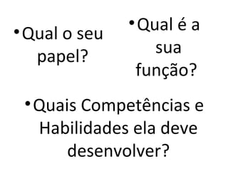 • Qual o seu   • Qual é a
   papel?          sua
                função?
 • Quais Competências e
   Habilidades ela deve
       desenvolver?
 