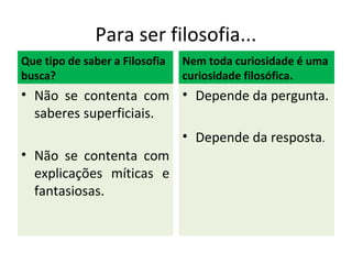 Para ser filosofia...
Que tipo de saber a Filosofia   Nem toda curiosidade é uma
busca?                          curiosidade filosófica.
• Não se contenta com • Depende da pergunta.
  saberes superficiais.
                                • Depende da resposta.
• Não se contenta com
  explicações míticas e
  fantasiosas.
 