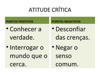 ATITUDE CRÍTICA
PONTOS POSITIVOS     PONTOS NEGATIVOS

• Conhecer a • Desconfiar
  verdade.       das crenças.
• Interrogar o • Negar o
  mundo que o senso
  cerca.         comum.
 