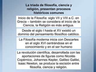 La triada de filosofía, ciencia y
religión, presentan procesos
históricos comunes
Inicio de la Filosofía: siglo VII y VIII a.C. en
Grecia – también se considera el inicio de la
Ciencia, la Religión es más antigua.
Desde el siglo I hasta el XV existió un
dominio del pensamiento filosófico católico.
La Filosofía moderna inicia con Descartes
en el siglo XVI centrándose en el
conocimiento y en el ser humano
La revolución científica, desarrollada con las
aportaciones de figuras como Nicolás
Copérnico, Johannes Kepler, Galileo Galilei,
Isaac Newton, se produce la escisión entre
filosofía, ciencia y religión.
 