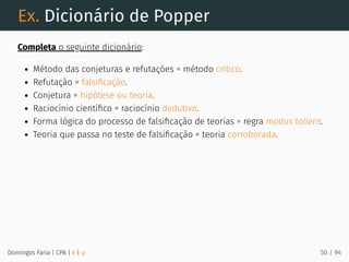 Ex. Dicionário de Popper
Completa o seguinte dicionário:
Método das conjeturas e refutações = método crítico.
Refutação = falsiﬁcação.
Conjetura = hipótese ou teoria.
Raciocínio cientíﬁco = raciocínio dedutivo.
Forma lógica do processo de falsiﬁcação de teorias = regra modus tollens.
Teoria que passa no teste de falsiﬁcação = teoria corroborada.
Domingos Faria | CPA | # | φ 50 / 94
 