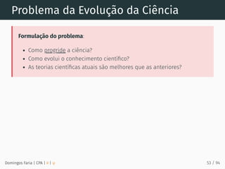 Problema da Evolução da Ciência
Formulação do problema:
Como progride a ciência?
Como evolui o conhecimento cientíﬁco?
As teorias cientíﬁcas atuais são melhores que as anteriores?
Domingos Faria | CPA | # | φ 53 / 94
 