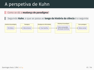 A perspetiva de Kuhn
Como se dá a mudança de paradigma?
Seguindo Kuhn, o que se passa ao longo da história da ciência é o seguinte:
Domingos Faria | CPA | # | φ 61 / 94
 