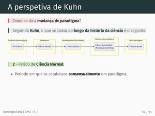 A perspetiva de Kuhn
Como se dá a mudança de paradigma?
Seguindo Kuhn, o que se passa ao longo da história da ciência é o seguinte:
2 - Perído de Ciência Normal:
Período em que se estabelece consensualmente um paradigma.
Domingos Faria | CPA | # | φ 62 / 94
 