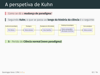 A perspetiva de Kuhn
Como se dá a mudança de paradigma?
Seguindo Kuhn, o que se passa ao longo da história da ciência é o seguinte:
5 - Perído de Ciência normal (novo paradigma):
Domingos Faria | CPA | # | φ 65 / 94
 