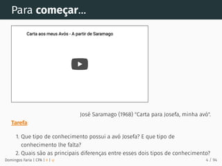 Para começar...
José Saramago (1968) "Carta para Josefa, minha avó".
Tarefa:
1. Que tipo de conhecimento possui a avó Josefa? E que tipo de
conhecimento lhe falta?
2. Quais são as principais diferenças entre esses dois tipos de conhecimento?
Carta aos meus Avós - A partir de Saramago
Carta aos meus Avós - A partir de Saramago
Domingos Faria | CPA | # | φ 4 / 94
 