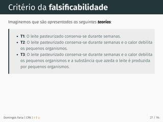 Critério da falsiﬁcabilidade
Imaginemos que são apresentadas as seguintes teorias:
T1: O leite pasteurizado conserva-se durante semanas.
T2: O leite pasteurizado conserva-se durante semanas e o calor debilita
os pequenos organismos.
T3: O leite pasteurizado conserva-se durante semanas e o calor debilita
os pequenos organismos e a substância que azeda o leite é produzida
por pequenos organismos.
Domingos Faria | CPA | # | φ 27 / 94
 