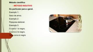 Método científico
- MÉTODO INDUTIVO
Do particular para o geral.
Exemplo 1:
Saco de arroz.
Exemplo 2:
Pesquisa eleitoral.
Exemplo 3:
O corvo 1 é negro.
O corvo 2 é negro.
Todo corvo é negro
 