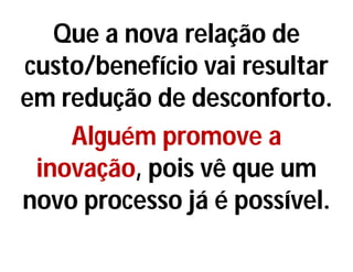 Que a nova relação de
custo/benefício vai resultar
em redução de desconforto.
Alguém promove a
inovação, pois vê que um
novo processo já é possível.
 