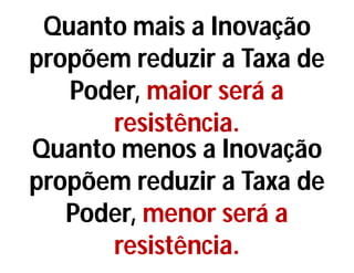 Quanto mais a Inovação
propõem reduzir a Taxa de
Poder, maior será a
resistência.
Quanto menos a Inovação
propõem reduzir a Taxa de
Poder, menor será a
resistência.
 
