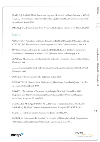 53
TEMASUnesp/Redefor•MóduloIV•Disciplina07
•	 SEARLE, J. R. (1980) Minds, brains, and programs. Behavioral and Brain Sciences, p. 417-457,
v. 3, n. 3,. Disponível em: <http://www.bbsonline.org/Preprints/OldArchive/bbs.searle2.html>.
Acessado em: 4 maio 2011.
•	 SMART, J. J. C. Sensations and Brain Processes. Philosophical Review, p. 141-156, n. 68, 1959.
Tema 2
•	 ABRANTES, P. Naturalismo em filosofia da mente. In: FERREIRA, A.; GONZALEZ, M. E. Q.;
COELHO, J. G. Encontros com as ciências cognitivas. São Paulo: Cultura Acadêmica, 2004. v. 4.
•	 BURGE, T. Individualism and the mental. In: FRENCH, P.; et al. Studies in metaphysics.
Minneapolis: University of Minnesota, 1979. (Midwest Studies in Philosophy, v. 4).
•	 CLARK, A. Mindware: an introduction to the philosophy of cognitive science. Oxford: Oxford
University, 2001.
•	 ______. Supersizing the mind: embodiment, action, and cognitive extension. Oxford: Oxford
University, 2008.
•	 COSTA, C. Filosofia da mente. Rio de Janeiro: Zahar, 2005.
•	 DESCARTES, R. Obra escolhida. Tradução de J. Guinsburg e Bento Prado Junior. 3. ed. Rio
de Janeiro: Bertrand Brasil, 1994.
•	 DEWEY, J. The influence of darwinism on philosophy. New York: Henry Holt, 1910.
Disponível em: <http://www.archive.org/stream/influenceofdarwi00deweuoft#page/n3/
mode/2up>. Acesso em: 03 maio 2011.
•	 GONZALEZ, M. E. Q.; BROENS, M. C. Darwin e a virada naturalista na filosofia. In:
MORAES, J. Q. (Org.). Darwin e a origem do homem. Campinas: UNICAMP, 2011.
•	 HUME, D. Tratado da natureza humana. São Paulo: UNESP, 2001.
•	 HYSLOP, A. Other minds. In: Stanford Encyclopedia of Philosophy [online]. Disponível em:
<http://plato.stanford.edu/entries/other-minds>. Acesso em 25 maio 2011.
1
Sumário Ficha
4
2
3
Bibliografia
 