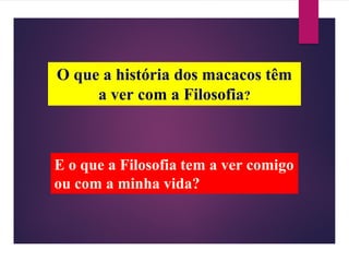 O que a história dos macacos têm
a ver com a Filosofia?
E o que a Filosofia tem a ver comigo
ou com a minha vida?
 