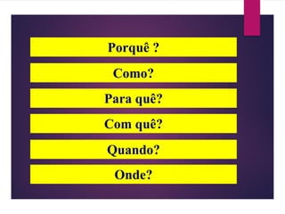 Porquê ?
Como?
Para quê?
Com quê?
Quando?
Onde?
 