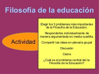 Filosofía de la educación
Actividad
Elegir los 3 problemas más importantes
de la Filosofía de la Educación.
Responderlos individualmente de
manera argumentada en media cuartilla.
Compartir las ideas en plenaria grupal
Discusión
Cierre
¿Cuál es el problema central del la
Filosofía de la Educación?
 