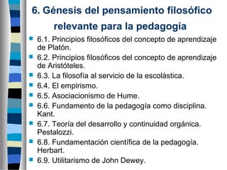 6. Génesis del pensamiento filosófico 
relevante para la pedagogía










6.1. Principios filosóficos del concepto de aprendizaje
de Platón.
6.2. Principios filosóficos del concepto de aprendizaje
de Aristóteles.
6.3. La filosofía al servicio de la escolástica.
6.4. El empirismo.
6.5. Asociacionismo de Hume.
6.6. Fundamento de la pedagogía como disciplina.
Kant.
6.7. Teoría del desarrollo y continuidad orgánica.
Pestalozzi.
6.8. Fundamentación científica de la pedagogía.
Herbart.
6.9. Utilitarismo de John Dewey.

 