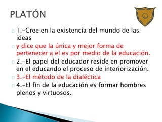 1.-Cree en la existencia del mundo de las
ideas
y dice que la única y mejor forma de
pertenecer a él es por medio de la educación.
2.-El papel del educador reside en promover
en el educando el proceso de interiorización.
3.-El método de la dialéctica
4.-El fin de la educación es formar hombres
plenos y virtuosos.
 
