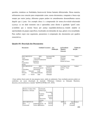 202
questões, temáticas ou finalidades, fazem-no de formas bastante diferenciadas. Dessa maneira,
utilizaremos esse conceito para compreender como, nesses documentos, conquanto a busca seja
sempre por maior justiça, diferentes grupos podem ter entendimentos dessemelhantes acerca
daquilo que é justo. Um exemplo disso é a compreensão do termo diversidade relacionado
à justiça: se em dado momento esta é apreendida como direito à igualdade “geral”, nota-
se também que a mesma busca por justiça (equidade) desloca-se, visando ampliar as
oportunidades de grupos específicos, localizados em demandas de raça, gênero e/ou sexualidade.
Para melhor expor esse argumento, passaremos à comparação dos documentos por quadros
enunciativos.
Quadro 01: Descrição dos Documentos
Documento Entidade Executora Ano de Presidente /Âmbito de
Publicação Ministro daAção
Educação
DOCUMENTO 01 MEC, Secretaria1998 Fernando Federal
Tema Transversalde Educação Henrique
“Pluralidade Cultural”Fundamental Cardoso/ Paulo
nos Parâmetros Renato de Souza
Curriculares Nacionais
(PCN)
DOCUMENTO 02 MEC, Secretaria2005 Luiz Inácio Lula Federal
As DiretrizesEspecial de Políticas da Silva / Tarso
Curriculares Nacionaisde Promoção Genro
para a Educação dasda Igualdade
Relações Étnico-RaciaisRacial; Secretaria
e para o Ensino dede Educação
3 Essas análises fazem parte de uma pesquisa maior, ainda em andamento. Seus resultados parciais podem ser
conferidos em nossa dissertação de mestrado “Diferenças Culturais na Educação Brasileira:
discursos, desentendimentos e tensões” (KOWALEWSKI, D.P., 2010).
História e Cultura Afro- Continuada,
Brasileira e Africana Alfabetização
e Diversidade;
Presidente do
Instituto Nacional
de Pesquisas
Educacionais Anísio
Teixeira
DOCUMENTO 03 MEC- Secretaria 2007Luiz InácioFederal
Ética e Cidadania:Especial de Direitos Lula da Silva
Construindo Valores naHumanos, Secretaria / Fernando
 