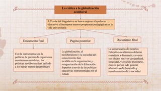 La crítica a la globalización
neoliberal
A Través del diagnóstico se busca mejorar el quehacer
educativo al incorporar nuevos propuestas pedagógicas en la
vida universitaria
Documento final Documento final
Pagina posterior
Con la instrumentación de
políticas de presión de organismos
económicos mundiales, las
políticas neoliberales han orillado
a los países menos desarrollados
La globalización, el
neoliberalismo y la sociedad del
conocimiento han
incidido en la organización y
reorganización de la Educación
Superior a través de las políticas
educativas instrumentadas por el
Estado
La construcción de modelos
Educativo-académicos deberán
contribuir a disminuir y revertir
sus efectos nocivos-desigualdad,
inequidad, y ecocidio planetario,
esto es, por un lado generar
alternativas de desarrollo y
transformación de la sociedad
 