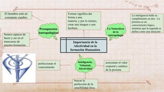 Importancia de la
Afectividad en la
formación Humanista
Presupuestos
Antropológicos
La Naturaleza
de la
Antropología
Inteligencia,
Voluntad,
Afectividad
El hombre está en
constante cambio
Somos capaces de
hacer y ser en el
transcurso de
nuestra formación.
perfeccionar el
conocimiento
buscar la
perfección de la
sensibilidad ética.
acrecentar el valor
corporal y estético
de la persona
Formar significa dar
forma a una
materia, y por lo mismo,
crear una imagen o una
hechura.
La inteligencia halla su
cumplimiento en dos: La
primera es un
conocimiento lógico,
mientras que la segunda se
define como una intuición
 