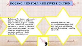 DOCENCIA EN FORMA DE INVESTIGACIÓN
Trabajar con los jóvenes motivándolos
para que establezcan un problema
propio, inventado, sugerido y creado
por ellos. Es necesario trabajar con
los alumnos a manera de seminario
en el que todos participen. Se deben
desarrollar las habilidades de
plantearse problemas y definir
protocolos de investigación.
El alumno aprende que el
conocimiento es producto de la
actividad humana cotidiana y
personal de indagar, procesarlo y
construirlo.
 