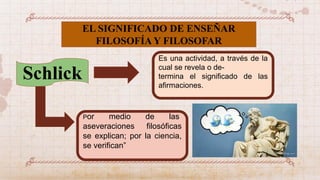 Schlick
EL SIGNIFICADO DE ENSEÑAR
FILOSOFÍA Y FILOSOFAR
Es una actividad, a través de la
cual se revela o de-
termina el significado de las
afirmaciones.
Por medio de las
aseveraciones filosóficas
se explican; por la ciencia,
se verifican”
 