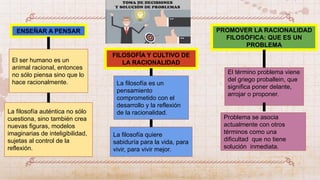 ENSEÑAR A PENSAR
El ser humano es un
animal racional, entonces
no sólo piensa sino que lo
hace racionalmente.
La filosofía auténtica no sólo
cuestiona, sino también crea
nuevas figuras, modelos
imaginarias de inteligibilidad,
sujetas al control de la
reflexión.
FILOSOFÍA Y CULTIVO DE
LA RACIONALIDAD
La filosofía es un
pensamiento
comprometido con el
desarrollo y la reflexión
de la racionalidad.
La filosofía quiere
sabiduría para la vida, para
vivir, para vivir mejor.
PROMOVER LA RACIONALIDAD
FILOSÓFICA: QUE ES UN
PROBLEMA
El término problema viene
del griego proballein, que
significa poner delante,
arrojar o proponer.
Problema se asocia
actualmente con otros
términos como una
dificultad que no tiene
solución inmediata.
 
