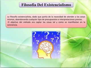 Filosofía Del Existencialismo
La filosofía existencialista, dado que partía de la necesidad de atender a las cosas
mismas, abandonando cualquier tipo de presupuestos e interpretaciones previas.
El objetivo del método era captar las cosas tal y como se manifiestan en la
conciencia.
 