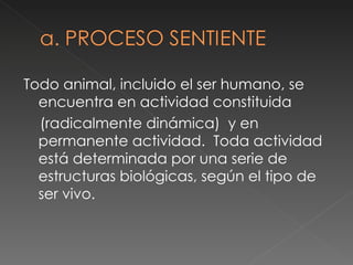 Todo animal, incluido el ser humano, se encuentra en actividad constituida (radicalmente dinámica)  y en permanente actividad.  Toda actividad está determinada por una serie de estructuras biológicas, según el tipo de ser vivo.  