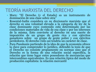 TEORÍA MARXISTA DEL DERECHO
• Marx: “El Derecho (y el Estado) es un instrumento de
dominación de una clase sobre otra”
• Rosental-Iudin considera en su diccionario marxista que el
derecho es una voluntad elevada a la categoría de ley de la
clase dominante cuyo contenido está determinado por las
condiciones materiales de vida de esa clase y por los intereses
de la misma. Esto convierte al derecho en una suerte de
imposición de un grupo de gente rica y con ejércitos
ganadores sobre un grupo de gente pobre y con ejércitos
perdedores. El derecho visto así tendría un carácter de clase.
• Para Pasukanis partiendo de la idea de que la economía ofrece
la clave para comprender lo jurídico, defendió la tesis de que
el Derecho no consiste propiamente en normas sino que el
Derecho es la forma de una relación social específica, la
relación que tiene lugar entre poseedores de mercancías que
intercambian equivalentes. Es una relación típica del modo de
producción capitalista: la relación mercantil
 