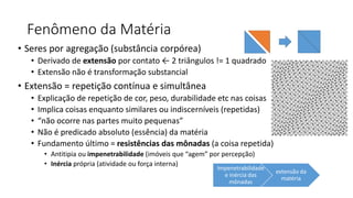 Fenômeno da Matéria
• Seres por agregação (substância corpórea)
• Derivado de extensão por contato ← 2 triângulos != 1 quadrado
• Extensão não é transformação substancial
• Extensão = repetição contínua e simultânea
• Explicação de repetição de cor, peso, durabilidade etc nas coisas
• Implica coisas enquanto similares ou indiscerníveis (repetidas)
• “não ocorre nas partes muito pequenas”
• Não é predicado absoluto (essência) da matéria
• Fundamento último = resistências das mônadas (a coisa repetida)
• Antitipia ou impenetrabilidade (imóveis que “agem” por percepção)
• Inércia própria (atividade ou força interna)
Impenetrabilidade
e inércia das
mônadas
extensão da
matéria
 