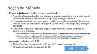 Noção de Mônada
• Como sujeito com todos os seus predicados
• “quando vários predicados se atribuem a um mesmo sujeito, e que este sujeito
não mais se atribui a nenhum outro” (p. 210) ← noção nominal
• “noção de predicado de certo modo contido em noção de sujeito”, de modo a
deduzir todos os predicados do sujeito a partir de sua noção (p. 211) ← noção
completa
• virtualmente todos os predicados (passados e futuros) estão contidos no
sujeito = leis próprias
• Deus conhece necessariamente desde eternidade ← problema liberdade x determinismo
• Homem conhece na história (“é nos impossível ter conhecimento dos indivíduos e
encontrar os meios de determinar exatamente a individualidade de cada coisa”)
• Analogia da linha reta ABC
• AB sou “eu” em um momento e BC sou “eu” em outro momento;
• BC segue de AB, AB está prenha de BC.
AB BC
 
