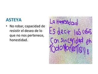 ASTEYA
• No robar, capacidad de
resistir el deseo de lo
que no nos pertenece,
honestidad.
 