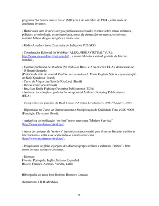 86
programa “Jô Soares onze e meia” (SBT) em 7 de setembro de 1994 – entre mais de
cinqüenta inventos.
- Historiador com diversos artigos publicados no Brasil e exterior sobre temas militares,
policiais, criminologia, assassinatologia, armas de destruição em massa, terrorismo,
material bélico, drogas, religiões e misticismo.
- Rádio-Amador classe C portador do Indicativo PU2-SCO.
- Coordenador Editorial do WebSite “ALEXANDRIAVIRTUAL” (URL
http://www.alexandriavirtual.com.br/ , a maior biblioteca virtual gratuita da Internet
mundial).
- Escritor publicado de 58 obras (56 títulos no Brasil e 2 no exterior EUA), destacando-se:
- O Quarto Segredo
(Prefácio da mãe do imortal Raul Seixas, a saudosa d. Maria Eugênia Seixas e apresentação
de Jânio Quadros) (Brasil)
- Curso de Magia (prefácio de Rita Lee) (Brasil)
- Defesa com Facas (Brasil)
- Brazilian Knife Fighting (Festering Publications) (EUA)
- Anthrax: the complete guide to the weaponized Anthrax (Festering Publications)
(EUA)
- Compositor, ex-parceiro de Raul Seixas (“A Pedra do Gênesis”, 1988; “Angel”, 1989).
- Diplomado no Curso de Gerenciamento e Multiplicação de Qualidade Total e ISO-9000
(Fundação Christiano Otoni).
- Articulista de publicação “on-line” norte-americana "Modern Survival"
(http://www.modernsurvival.net/).
- Autor de centenas de "reviews" (resenhas promocionais) para diversas livrarias e editoras
internacionais, entre elas destacando-se a norte-americana
(http://www.modernsurvival.net/).
- Pesquisador de gírias e jargões dos diversos grupos étnicos e culturais ("tribos"), bem
como de seus valores e costumes.
- Idiomas:
Fluente: Português, Inglês, Italiano, Espanhol
Básico: Francês, Alemão, Yoruba, Latim
Bibliografia do autor José Roberto Romeiro Abrahão
(heterônimo J.R.R.Abrahão)
 
