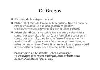 Os	
  Gregos	
  
  Sócrates	
  	
  Só	
  sei	
  que	
  nada	
  sei	
  
  Platão	
  	
  O	
  Mito	
  da	
  Caverna/	
  A	
  República:	
  Não	
  há	
  nada	
  de	
  
errado	
  com	
  aqueles	
  que	
  não	
  gostam	
  de	
  políKca,	
  
simplesmente	
  serãogovernados	
  por	
  aqueles	
  gostam.	
  
  Aristóteles	
  Causa	
  material:	
  daquilo	
  que	
  a	
  coisa	
  é	
  feita	
  
como,	
  por	
  exemplo,	
  o	
  ferro.-­‐	
  Causa	
  formal:	
  é	
  a	
  coisa	
  em	
  si	
  
como,	
  por	
  exemplo,	
  uma	
  faca	
  de	
  ferro.-­‐	
  Causa	
  eﬁciente:	
  
aquilo	
  que	
  dá	
  origem	
  a	
  coisa	
  feita	
  como,	
  por	
  exemplo,	
  as	
  
mãos	
  de	
  um	
  ferreiro.-­‐	
  Causa	
  ﬁnal:	
  seria	
  a	
  função	
  para	
  a	
  qual	
  
a	
  coisa	
  foi	
  feita	
  como,	
  por	
  exemplo,	
  cortar	
  carne.	
  
Pensamento	
  de	
  Aristóteles	
  sobre	
  a	
  educação:	
  	
  
"A	
  educação	
  tem	
  raízes	
  amargas,	
  mas	
  os	
  frutos	
  são	
  
doces".	
  Aristóteles	
  (D.L.	
  5,	
  18).	
  

 