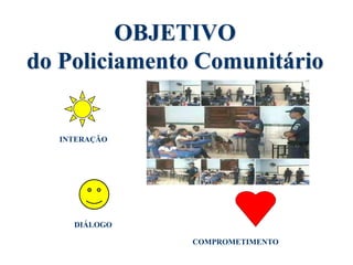 OBJETIVO
do Policiamento Comunitário
INTERAÇÃO
DIÁLOGO
COMPROMETIMENTO
 