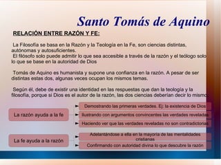 Santo Tomás de Aquino
RELACIÓN ENTRE RAZÓN Y FE:

 La Filosofía se basa en la Razón y la Teología en la Fe, son ciencias distintas,
autónomas y autosuficientes.
 El filósofo solo puede admitir lo que sea accesible a través de la razón y el teólogo solo
lo que se base en la autoridad de Dios

Tomás de Aquino es humanista y supone una confianza en la razón. A pesar de ser
distintas estas dos, algunas veces ocupan los mismos temas.

 Según él, debe de existir una identidad en las respuestas que dan la teología y la
filosofía, porque si Dios es el autor de la razón, las dos ciencias deberían decir lo mismo.

                                  Demostrando las primeras verdades. Ej: la existencia de Dios
 La razón ayuda a la fe         Ilustrando con argumentos convincentes las verdades reveladas
                                Haciendo ver que las verdades reveladas no son contradictorias

                                    Adelantándose a ella en la mayoría de las mentalidades
 La fe ayuda a la razón                                   cristianas
                                   Confirmando con autoridad divina lo que descubre la razón
 