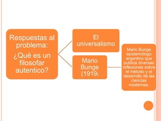 Respuestas al
problema:
¿Qué es un
filosofar
autentico?
El
universalismo
Mario
Bunge
(1919)
Mario Bunge
epistemólogo
argentino que
publica diversas
reflexiones sobre
el método y el
desarrollo de las
ciencias
modernas.
 
