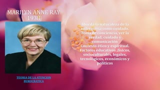 MARILYN ANNE RAY
1938
Aborda la naturaleza de la
enfermería como cuidado.
Toma de conciencia, ver la
verdad, cuidado y
comunicación
Contexto ético y espiritual.
Factores educativos ,físicos,
socioculturales, legales,
tecnológicos, económicos y
políticos
TEORIA DE LA ATENCION
BUROCRATICA
 