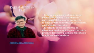 KARI MARTINSEN
1943
Comprende un modo claro de cómo
debería entenderse y abordarse la
enfermería, debido a que favorece la
reflexión sobre la practica de enfermería
en diferentes contextos.
El cuidado puede entenderse en
diferentes niveles: ontológico, concreto y
practico. En esta se plasma la filosofía en
la aplicación del cuidado.
FILOSOFIA DE LA ASISTENCIA
 