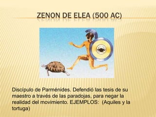 ZENON DE ELEA (500 AC)




Discípulo de Parménides. Defendió las tesis de su
maestro a través de las paradojas, para negar la
realidad del movimiento. EJEMPLOS: (Aquiles y la
tortuga)
 